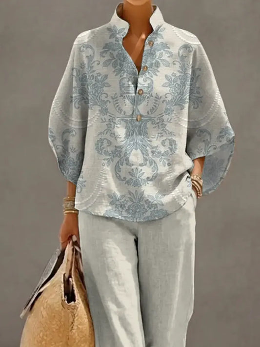 Women's Retro Floral Art Print Casual 3/4 Sleeve Top And Pants Cotton Linen Suits