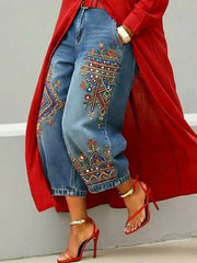 Women's Retro Ethnic Pattern Art Print Casual Jeans
