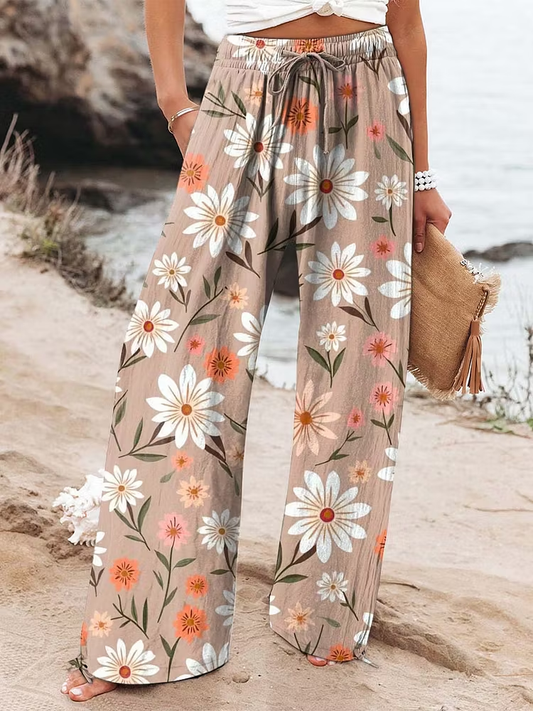 Women's  Vintage Flowers Art  Printed Cotton And Linen Casual Pants