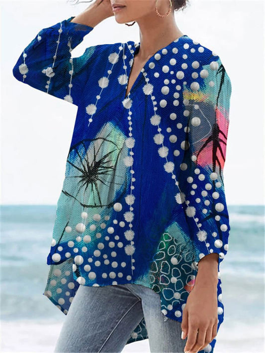 Women's  Flower Print Casual Linen V-neck Shirt