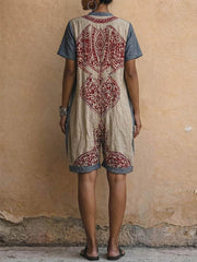 Women's Retro-print V-neck Short-sleeve Jumpsuit — Loose-fit Cotton-linen Wide-leg Casual Romper