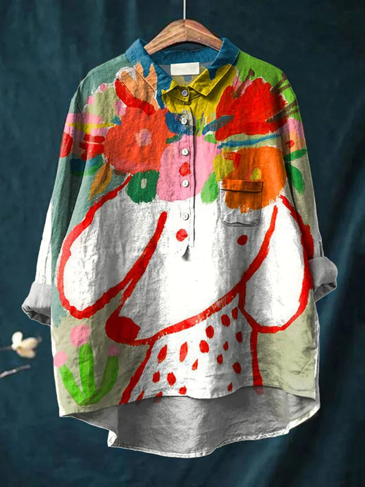 Vintage Lovely Dog Floral Art Print Casual Cotton And Linen Shirt