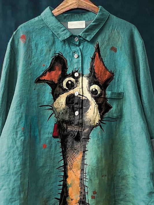 Curious Dog Painting Printed Women's Casual Cotton And Linen Shirt