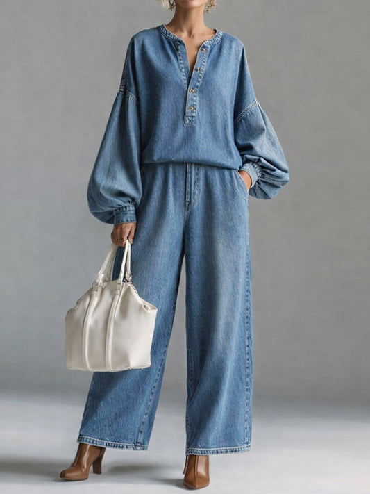 Women's V-neck Long-sleeved Casual Loose Denim Top And High-waisted Loose Wide-leg Denim Pants Set.