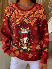 Casual Cat Crew Neck Long Sleeve Sweatshirt