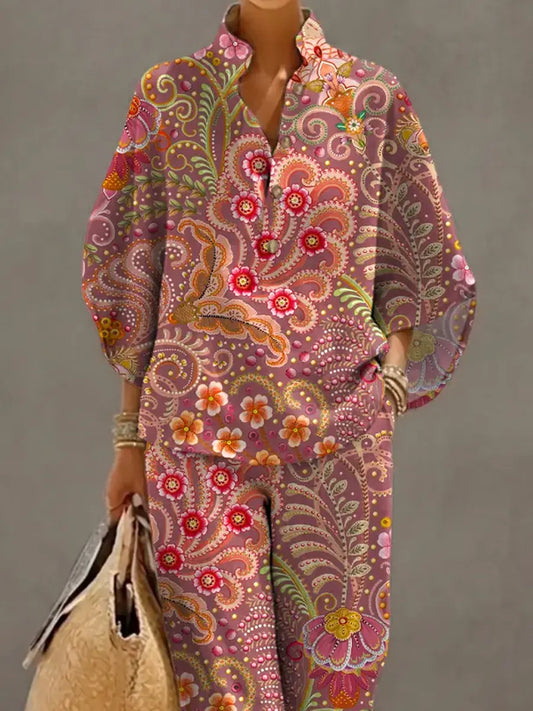 Women's Retro Floral Art Print Casual 3/4 Sleeve Top And Pants Cotton Linen Suits