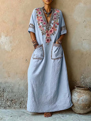 Women's Vintage-print V-neck Short-sleeve Casual Loose Cotton-linen Dress