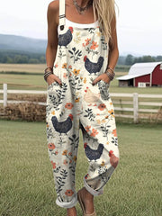 Women's Lovely Chicken Floral Art Print Casual Cotton Wide Leg Jumpsuit
