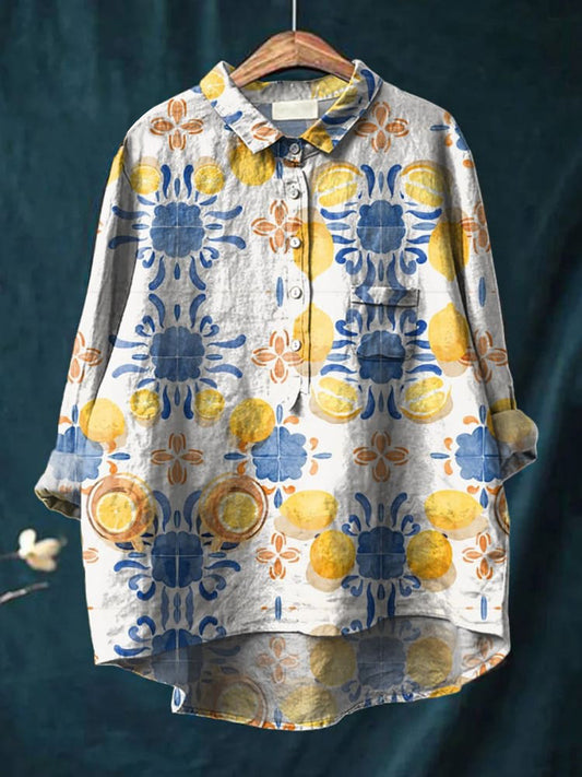 Women's Watercolor Lemon Flower Art Print Casual Cotton And Linen Shirt