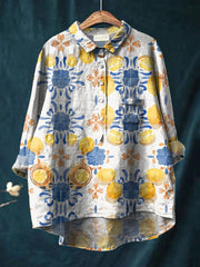 Women's Watercolor Lemon Flower Art Print Casual Cotton And Linen Shirt