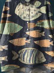 Vintage Lovely Fish Art Print Casual Cotton And Linen Shirt