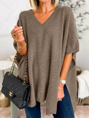 Women's Bat Sleeve Solid Color V-Neck Pullover Poncho Sweater