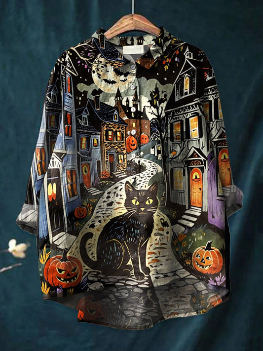 Women's Halloween  Black Cat  Art Print Casual Cotton And Linen Shirt
