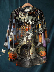 Women's Halloween  Black Cat  Art Print Casual Cotton And Linen Shirt