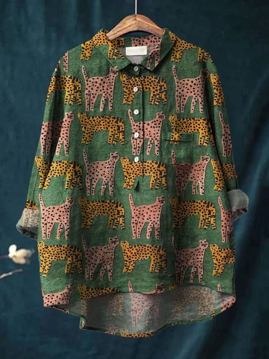 Women's Cute Leopard  Art Print Casual Cotton And Linen Shirt