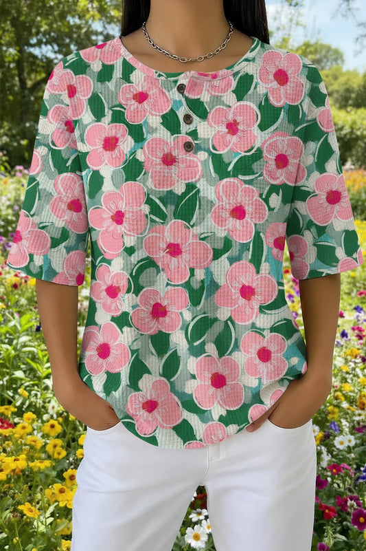 Womens Pink Green Rose Garden Print Casual Waffle Cotton Shirt