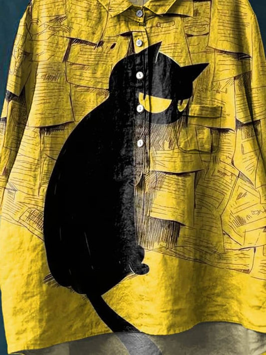 Vintage Funny Cat Art Print Casual Cotton And Linen Shirt