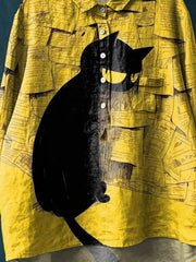 Vintage Funny Cat Art Print Casual Cotton And Linen Shirt