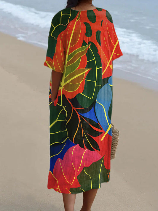 Vintage Autumn Leaves Art Print V-Neck Midi Dress