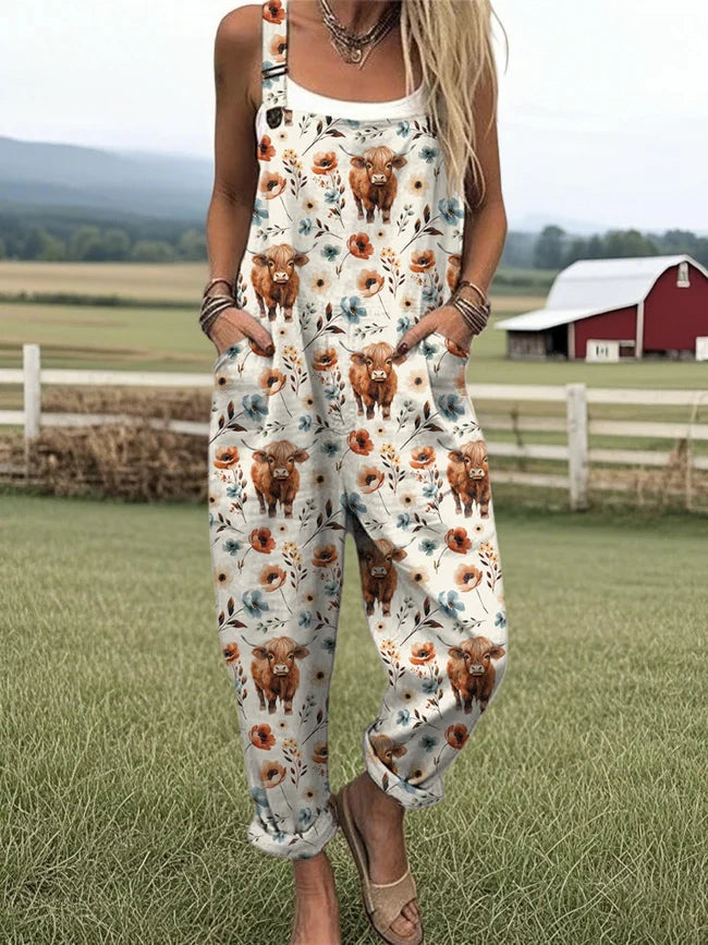 Women's Highland Cow Print Casual Cotton Linen Wide Leg Jumpsuit