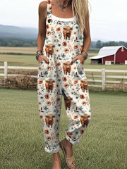 Women's Highland Cow Print Casual Cotton Linen Wide Leg Jumpsuit