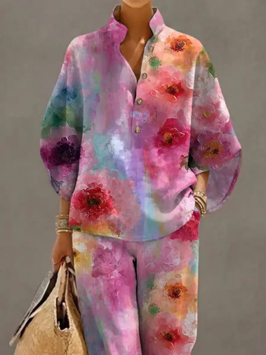 Women's Retro Floral Art Print Casual 3/4 Sleeve Top And Pants Cotton Linen Suits