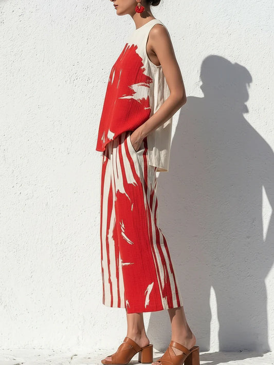 Casual Artistic Print Cotton-linen Two-piece Set: Top & Cropped Pants