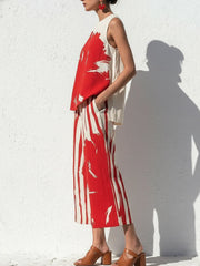 Casual Artistic Print Cotton-linen Two-piece Set: Top & Cropped Pants