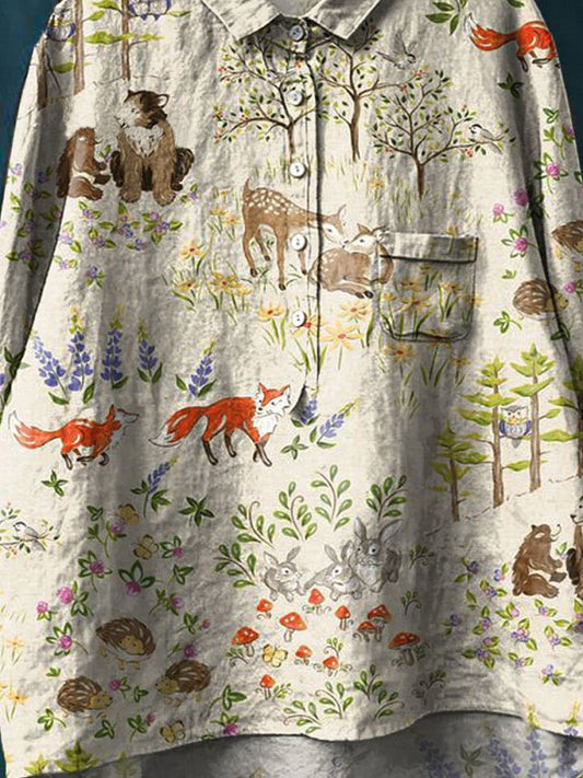 Women's Vintage Lovely Woodland Animals Art Print Casual Cotton And Linen Shirt