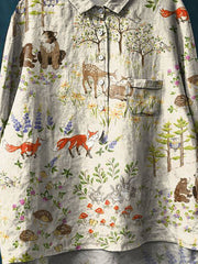 Women's Vintage Lovely Woodland Animals Art Print Casual Cotton And Linen Shirt