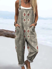 Women's Vintage Floral Pattern Art Print Casual Cotton Wide Leg Jumpsuit