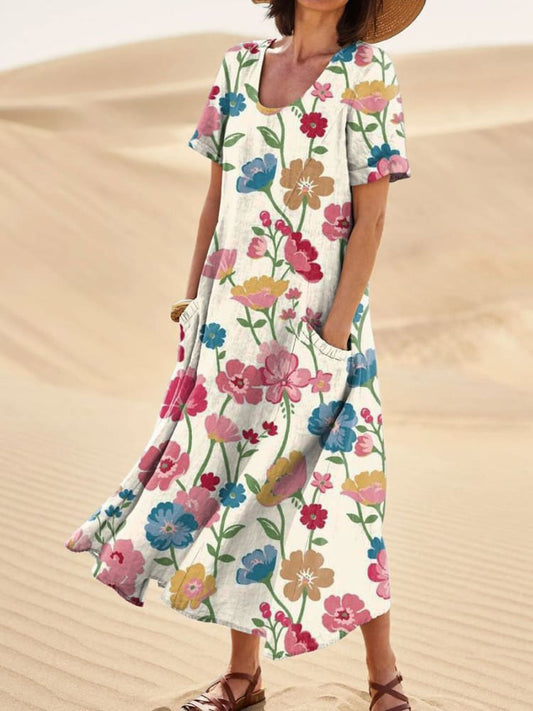 Women's Elegant Flowers Art Print Casual Linen Pocket Dress