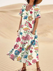 Women's Elegant Flowers Art Print Casual Linen Pocket Dress