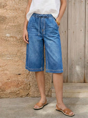 Women's Casual Loose-fit Wide-leg Denim Pants With Elastic Waist And Drawstring