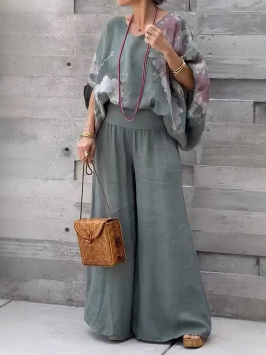 Women's Abstract Print Cotton Linen Set: V-neck Top & Wide Leg Pants