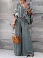 Women's Abstract Print Cotton Linen Set: V-neck Top & Wide Leg Pants