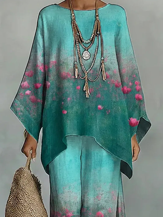 Women's Vintage Floral Art Comfortable Loose Cotton Linen Wide-leg Pants Two-piece Set