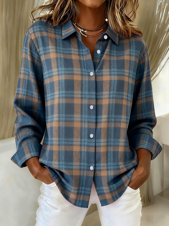Women's Plaid Print Casual Lapel Shirt