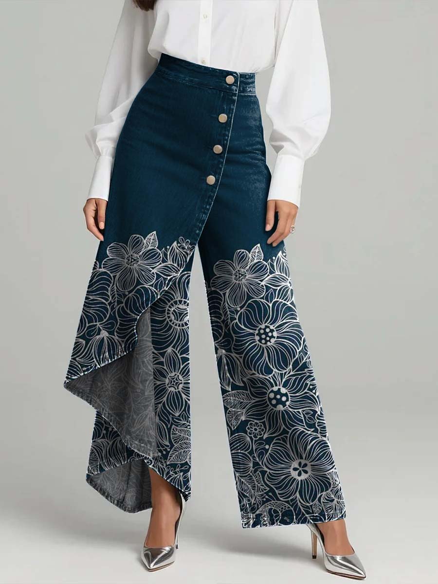 Women's Vintage Ethnic Pattern Print High-waisted Relaxed Fit Wide-leg Jeans With A Stylish Design.