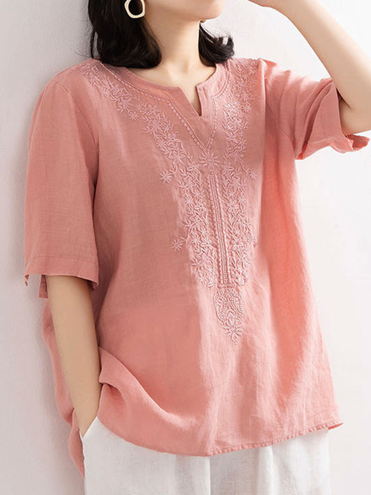 Women's Embroidered Loose V-neck T-shirt