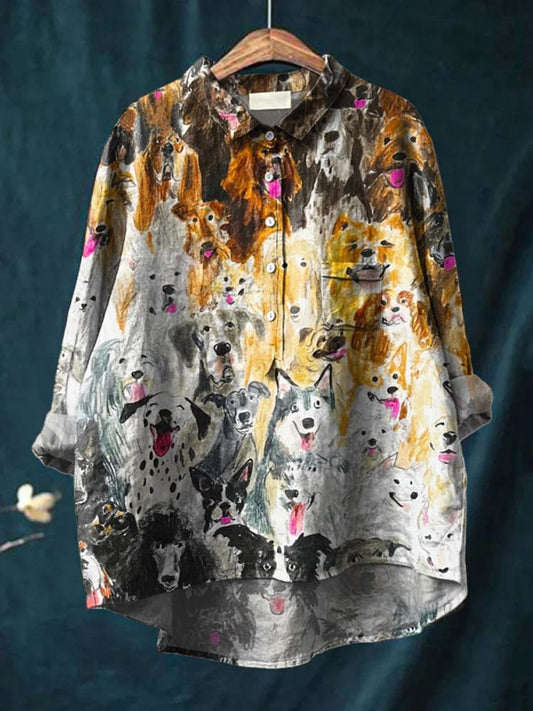 Vintage Lovely Dogs Art Print Casual Cotton And Linen Shirt