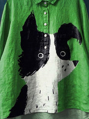 Vintage Funny Dog Art Print Casual Cotton And Linen Shirt