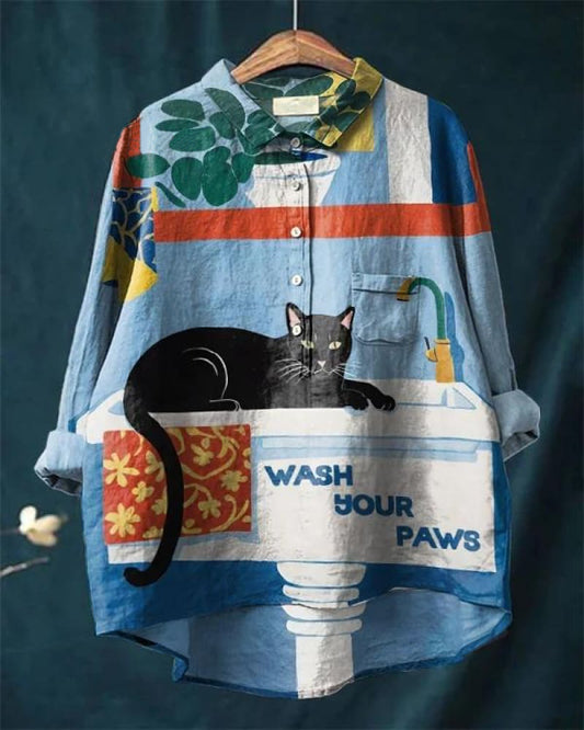 Vintage Cat Art Print Casual Cotton And Linen Shirt