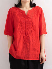 Women's Embroidered Loose V-neck T-shirt