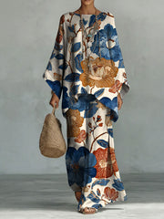 Women's Vintage Floral Art Comfortable Loose Cotton Linen Wide-leg Pants Two-piece Set