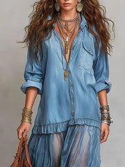 Mixed-Media Denim Art Dress - Elegant Organza Paneled Long Dress