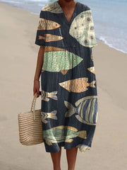 Women's Vintage Lovely Fish Art Print Flowy Dress