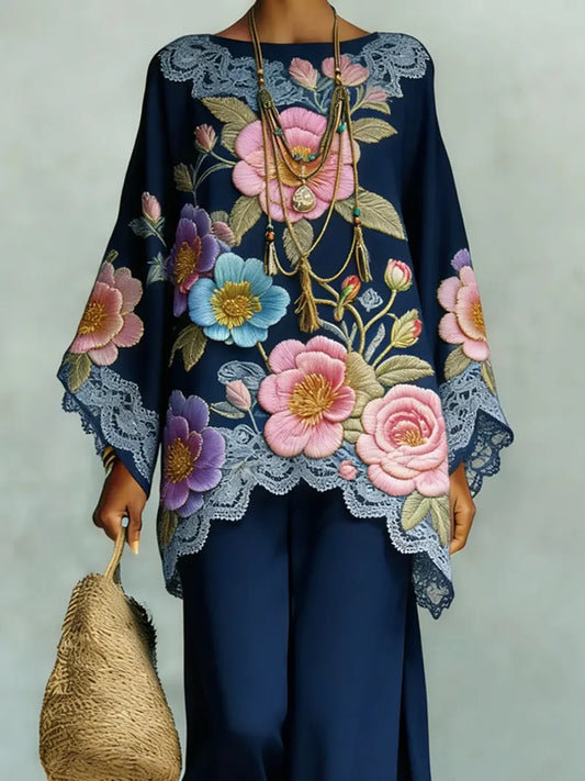 Women's Vintage Ethnic Floral Art Comfortable Loose Cotton Linen Wide-leg Pants Two-piece Set