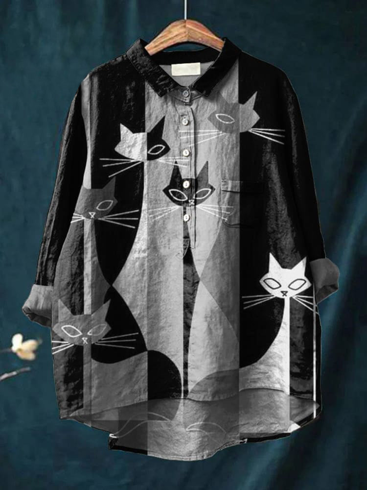 Women's Geometry Black Cat Animal Art Print Casual Cotton And Linen Shirt
