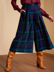 Women's Plaid Print High-Waisted Casual Cotton and Linen Cropped Wide-Leg Pants